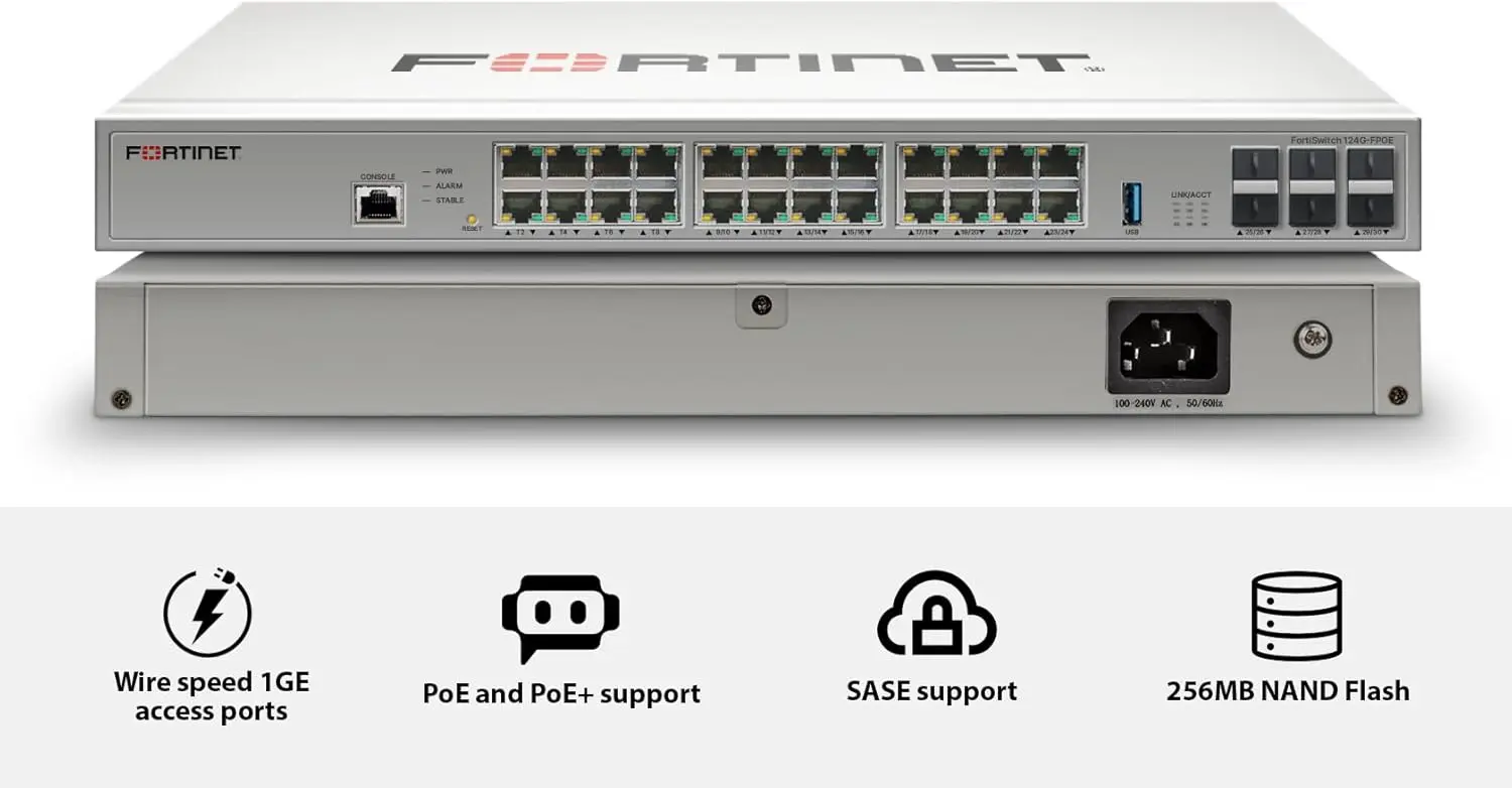 Fortinet FortiSwitch FS-124G-FPOE Yönetilebilir Gigabit PoE+ Ethernet Switch 24 Port + 4 SFP